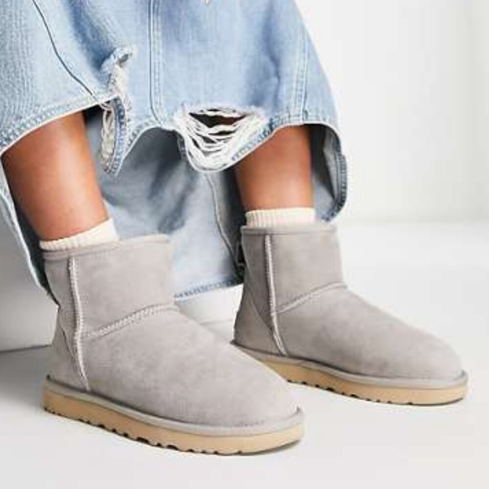 UGG Classic Mini Boots in Light Gray and Chestnut Sole